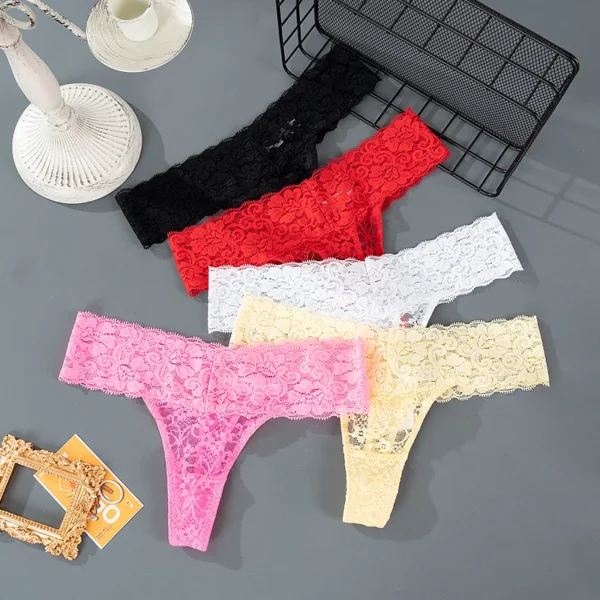 Solid Three Pieces Lace Floral Low Waist Breathable Sexy G-String Panties - Image 18