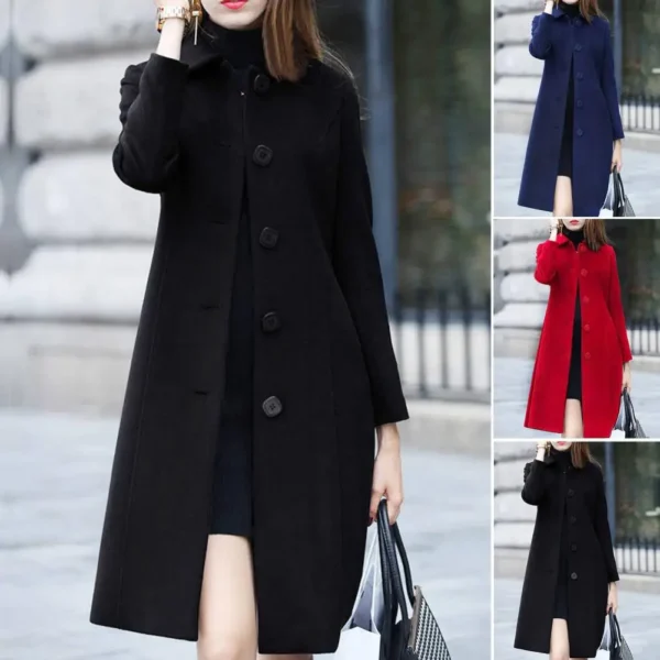 Very Solid Long Sleeve British Slim Fit Elegant Button Wool Coat - Image 4