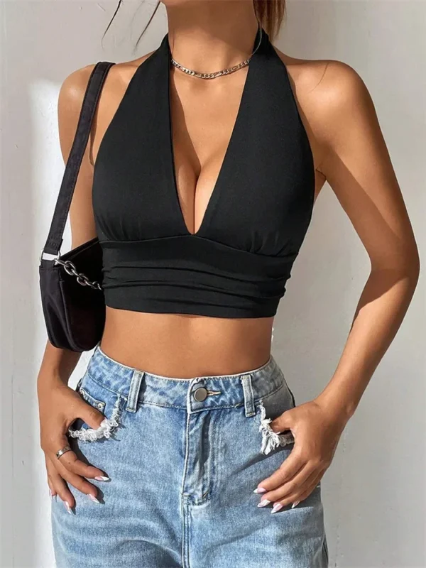 New Sexy Solid Sleeveless V-neck Backless Halter Tank Top - Image 6