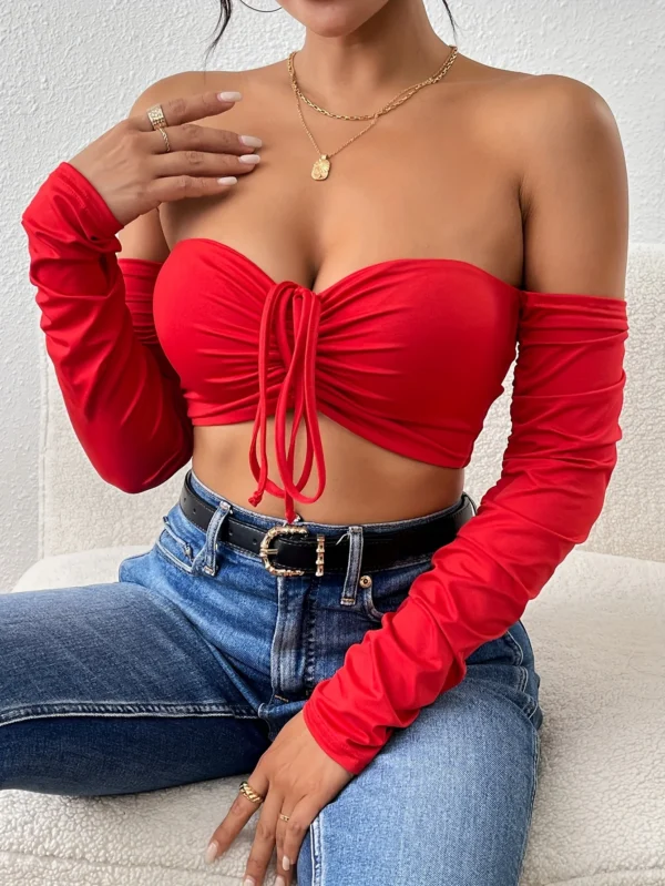 Sexy Ruched Off Shoulder Long Sleeve Fit Fashion Clubwear Top - Image 6