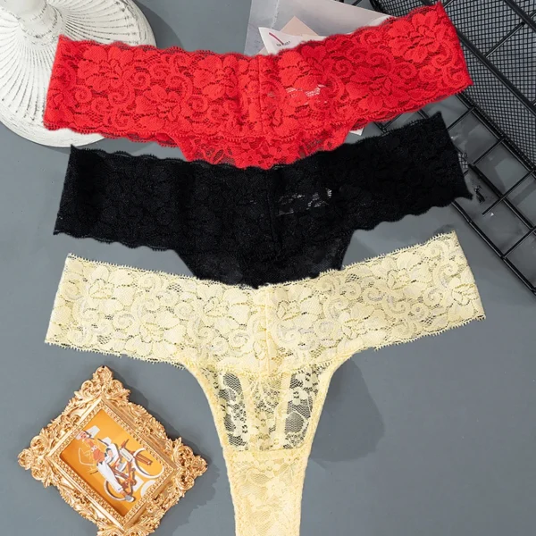 Solid Three Pieces Lace Floral Low Waist Breathable Sexy G-String Panties - Image 6