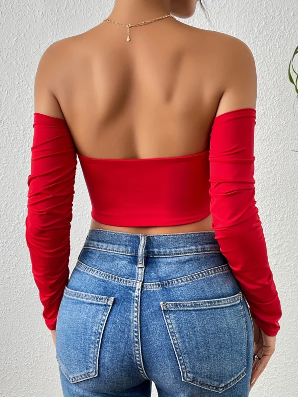 Sexy Ruched Off Shoulder Long Sleeve Fit Fashion Clubwear Top - Image 2