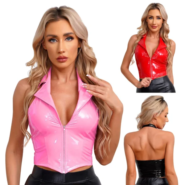 Lovely Latex Wetlook Leather Party V Neck Slim Fit Clubwear Top - Image 4