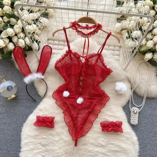 New Winter Secret Red Top Sexy Erotic Patchwork Bodysuit Cosplay Lingerie - Image 2