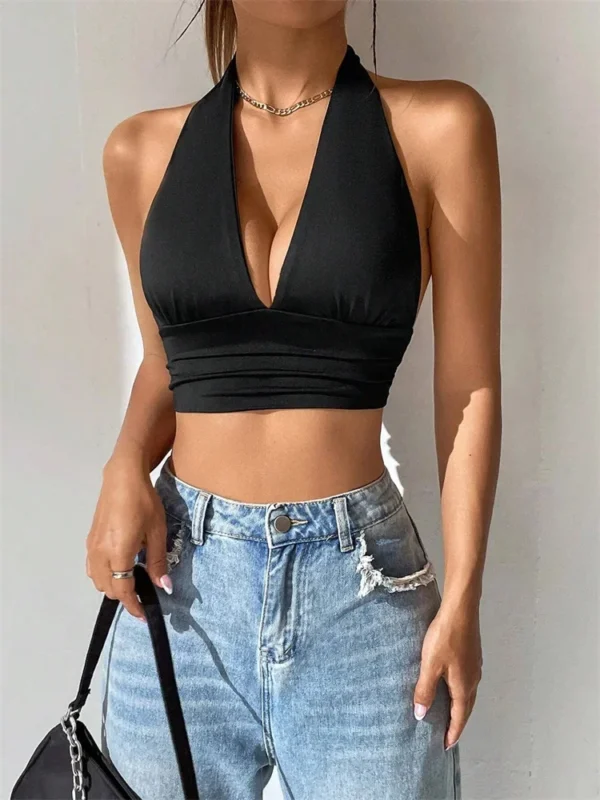 New Sexy Solid Sleeveless V-neck Backless Halter Tank Top - Image 10