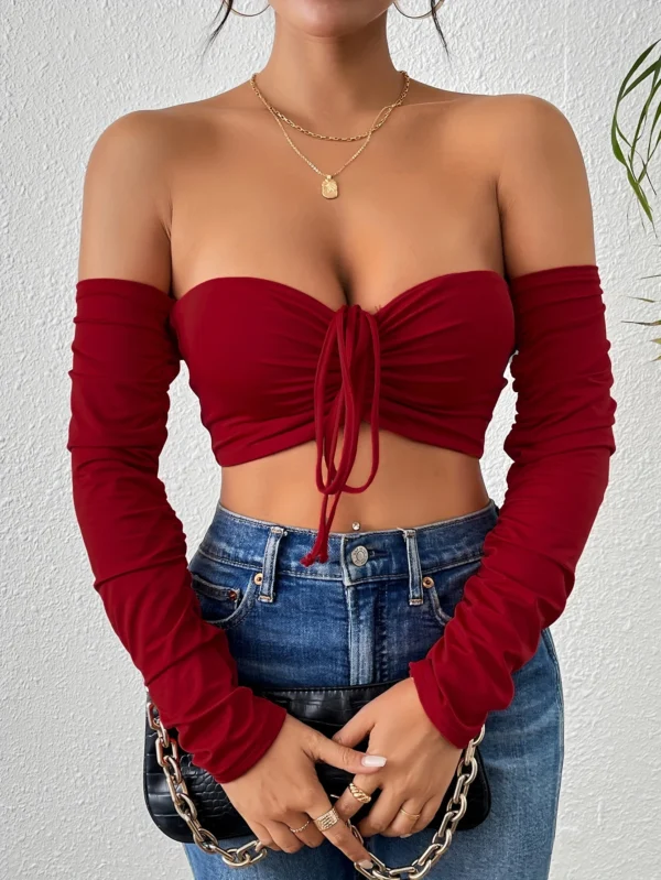 Sexy Ruched Off Shoulder Long Sleeve Fit Fashion Clubwear Top - Image 10