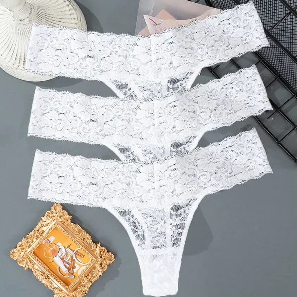 Solid Three Pieces Lace Floral Low Waist Breathable Sexy G-String Panties - Image 10