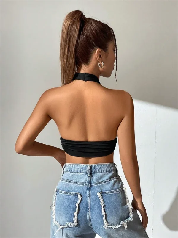 New Sexy Solid Sleeveless V-neck Backless Halter Tank Top - Image 5