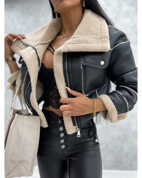 Sexy Winter Warm Retro Black Faux Leather Velvet Coat - Image 8