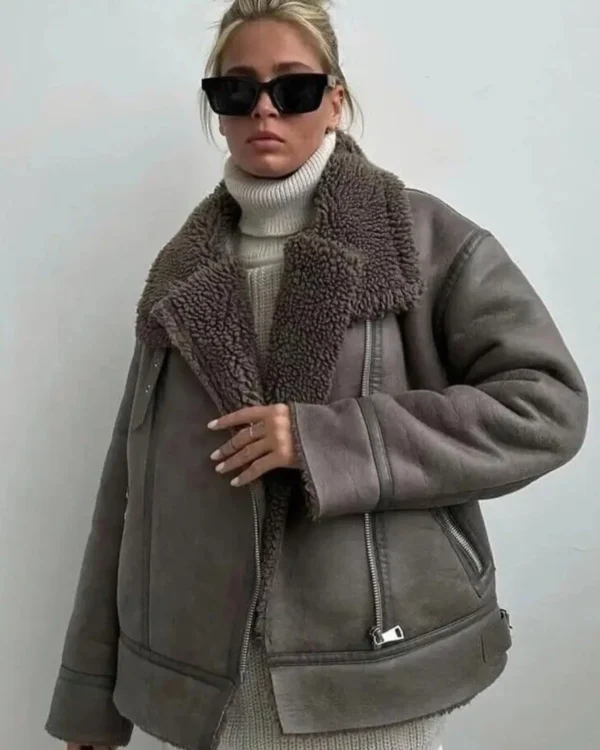 Very Elegant Leather Winter Warm Long Sleeve Loose Fur Jacket - Image 3