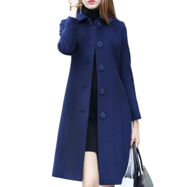 Very Solid Long Sleeve British Slim Fit Elegant Button Wool Coat - Image 3