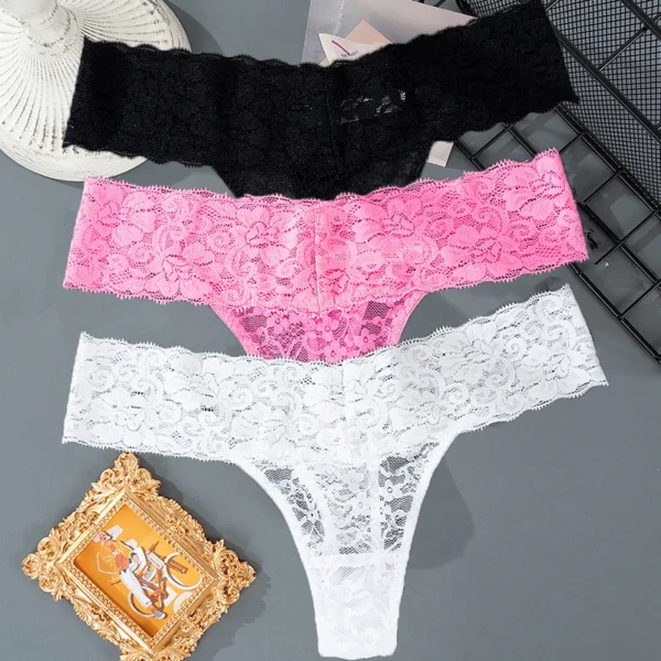 Solid Three Pieces Lace Floral Low Waist Breathable Sexy G-String Panties - Image 15