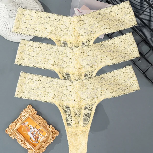 Solid Three Pieces Lace Floral Low Waist Breathable Sexy G-String Panties - Image 13