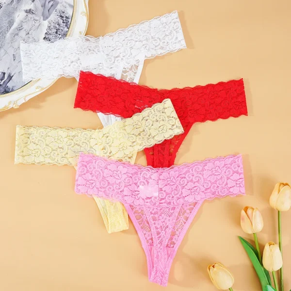 Solid Three Pieces Lace Floral Low Waist Breathable Sexy G-String Panties - Image 5