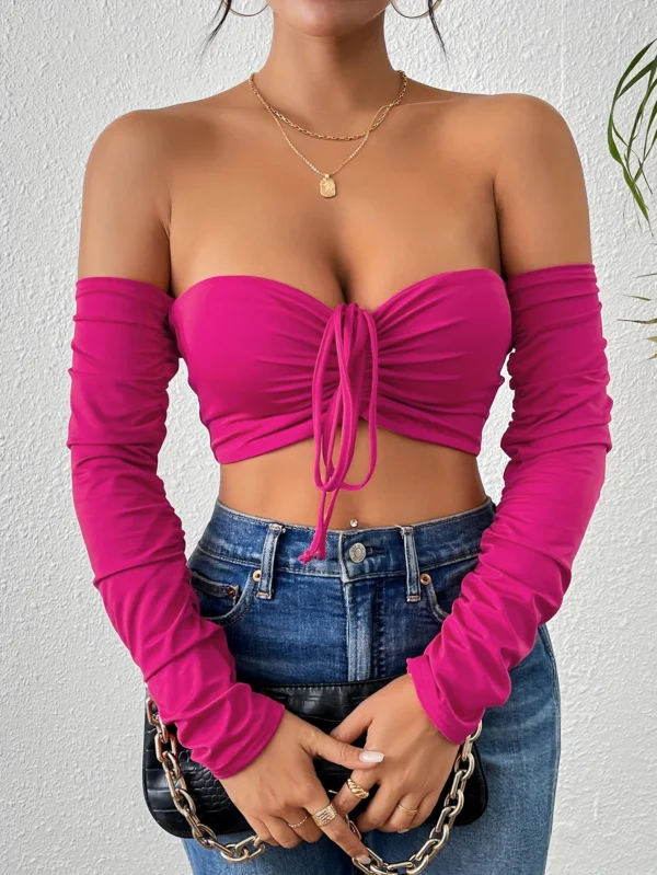 Sexy Ruched Off Shoulder Long Sleeve Fit Fashion Clubwear Top - Image 11