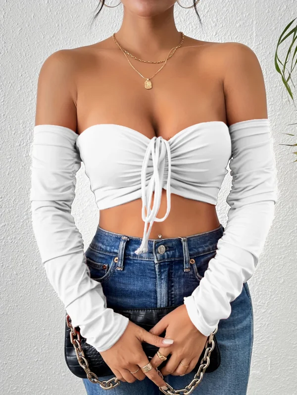 Sexy Ruched Off Shoulder Long Sleeve Fit Fashion Clubwear Top - Image 8