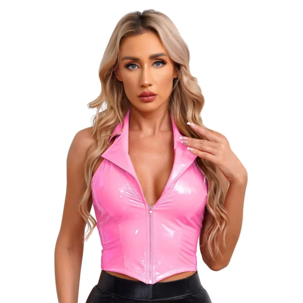 Lovely Latex Wetlook Leather Party V Neck Slim Fit Clubwear Top - Image 2