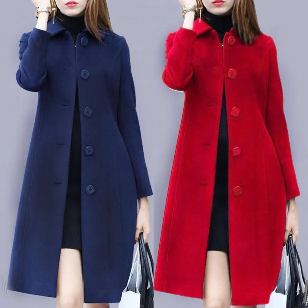 Very Solid Long Sleeve British Slim Fit Elegant Button Wool Coat