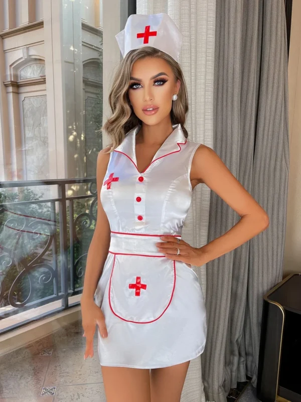 New Arrival Sexy Sleeveless Roleplay Party Babydoll Nurse Lingerie Dress - Image 4