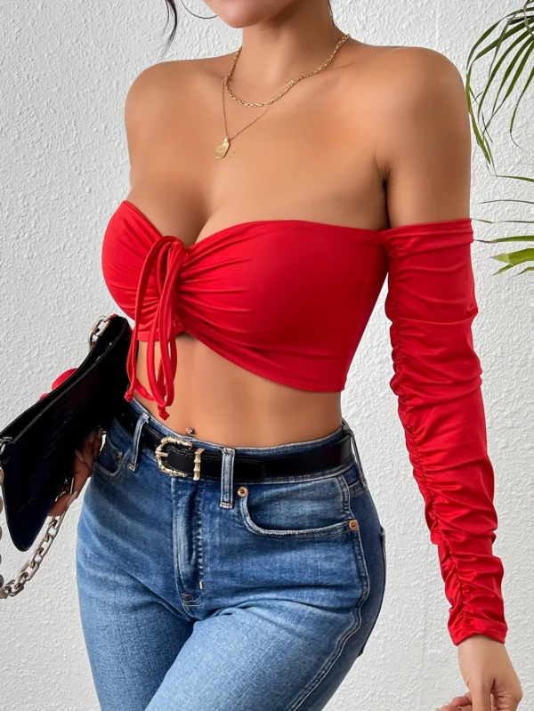 Sexy Ruched Off Shoulder Long Sleeve Fit Fashion Clubwear Top - Image 5