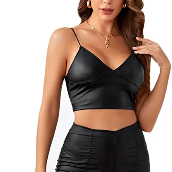 Sexy Black Bustiers Deep V-Neck Spaghetti Strap PU Leather Tank Tops - Image 7